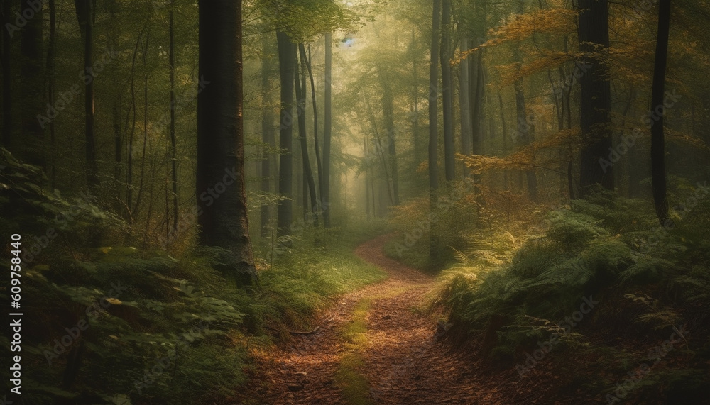 Tranquil scene of autumn forest, mystery in the fog generated by AI