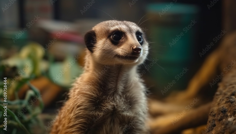 Fototapeta premium Small meerkat looking cute, focus on foreground, animals in the wild generated by AI