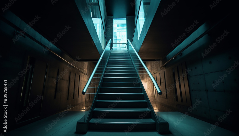 Fototapeta premium Futuristic subway station empty corridor, illuminated stairs, vanishing point perspective generated by AI