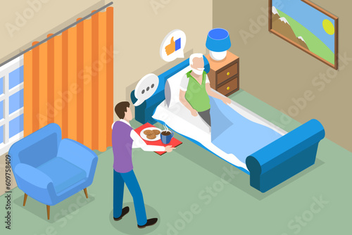 3D Isometric Flat Vector Conceptual Illustration of Caregiver, A Nurse Taking Care of Patient
