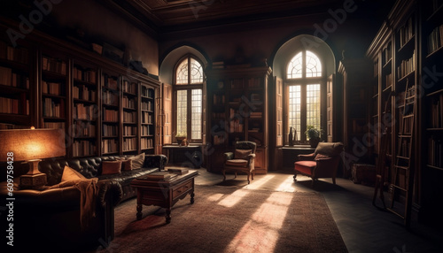 Luxury home interior with modern bookshelf and antique literature generated by AI © djvstock