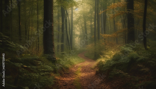 Tranquil scene of autumn forest  mystery in the fog generated by AI