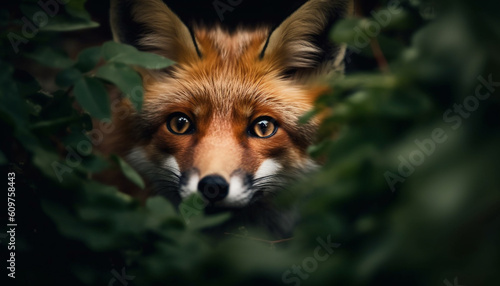 Red fox staring  alert in nature beauty  fluffy and cute generated by AI
