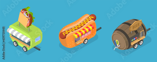 3D Isometric Flat Vector Conceptual Illustration of Street Food Trucks, Mobile Restaurant