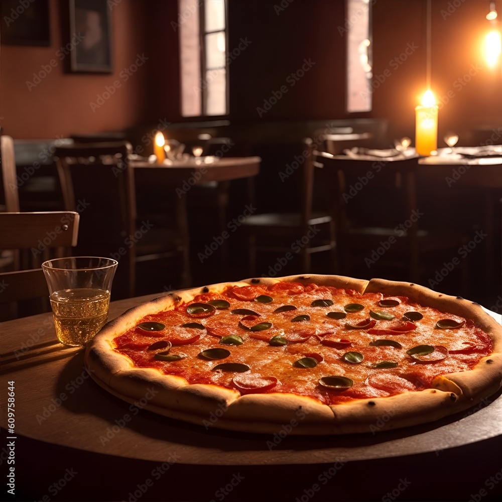Pizza on a table in an oldfashioned Italian restaurant
generative  Ai
