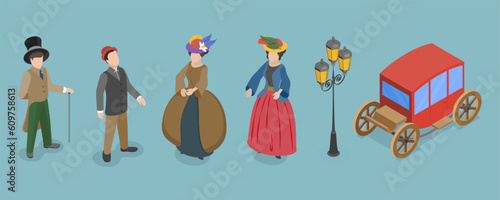 3D Isometric Flat Vector Set of Victorian Period Characters and Objects, 19th Century European Ladies and Gentlemen