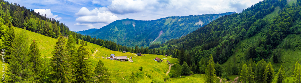 Beautiful huts in the Austrian alps in summer