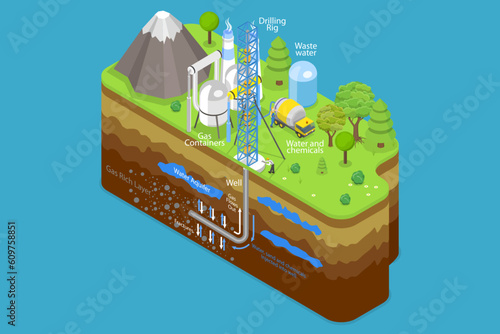 3D Isometric Flat Vector Conceptual Illustration of Hydraulic Fracturing, Fracking Process with Machinery Equipment