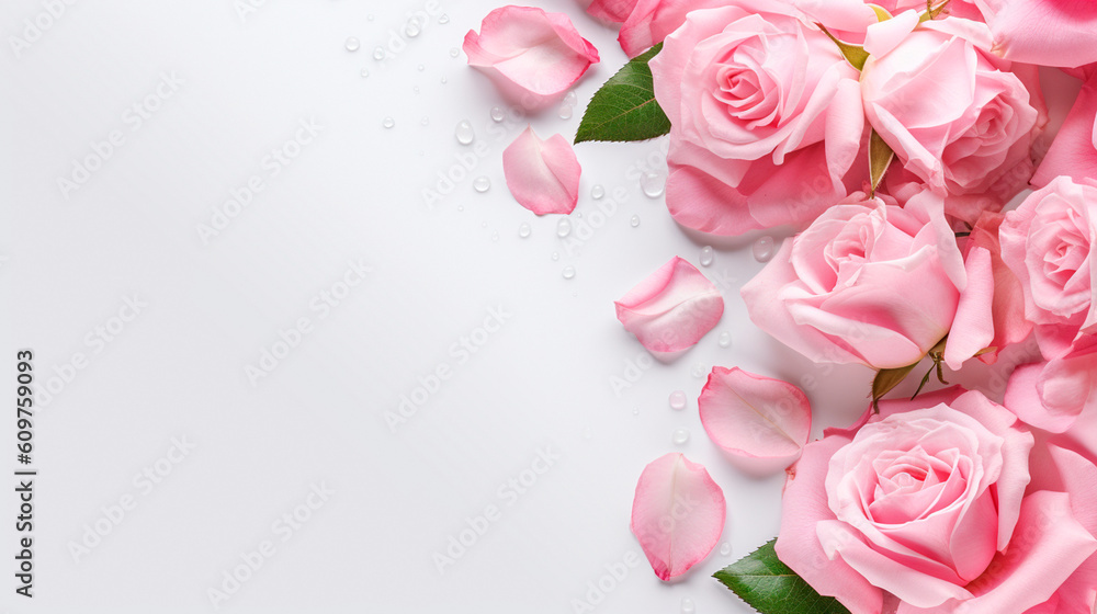 Decorative web banner. Close up of blooming pink roses flowers and petals isolated on white table background. Floral frame composition. Empty space. Generative AI Decorative web banner. Close up of blooming pink roses flowers and petals isolated on white table background. Floral frame composition. Empty space. Generative AI