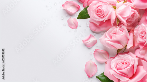 Decorative web banner. Close up of blooming pink roses flowers and petals isolated on white table background. Floral frame composition. Empty space. Generative AI