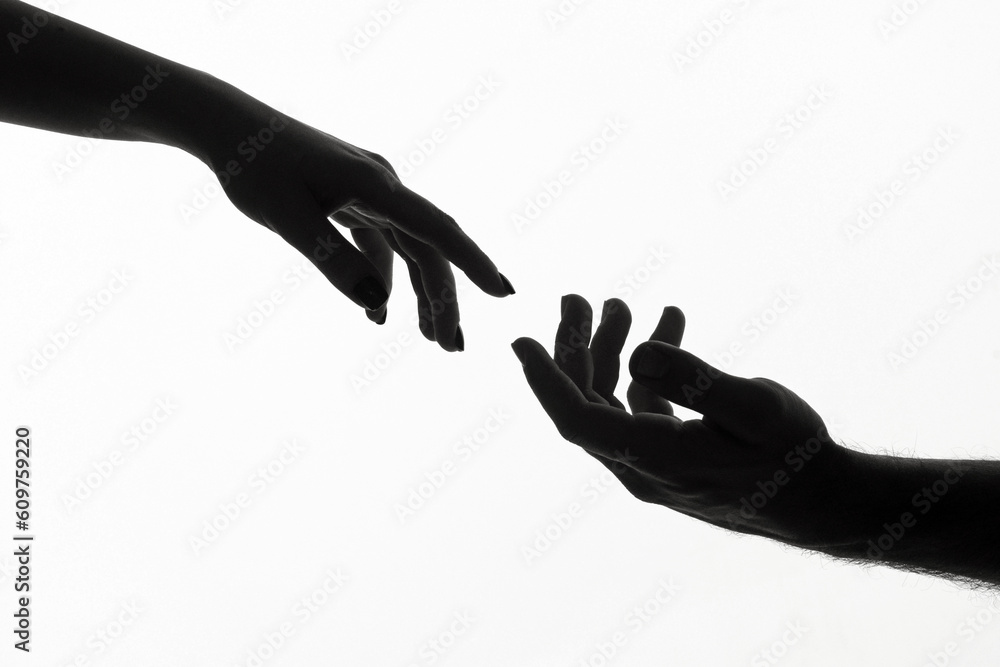 Reaching touching hands. Reach hand. Hopeful concept. Two hands trying to touch. Adam sign. Human relation, togetherness. Hands of man and woman reaching to each other. Hand try to touch. Reaching touching hands. Reach hand. Hopeful concept. Two hands trying to touch. Adam sign. Human relation, togetherness. Hands of man and woman reaching to each other. Hand try to touch.