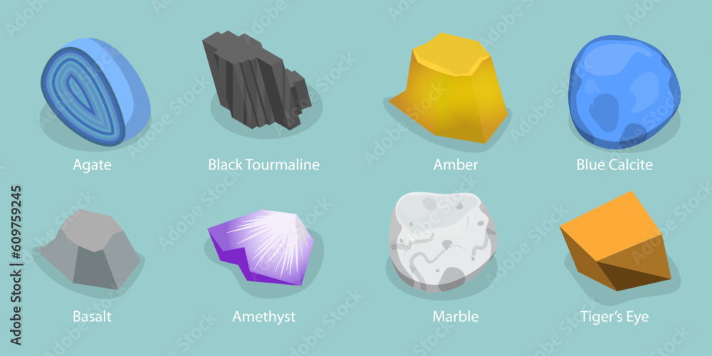 3D Isometric Flat Vector Set of Stone Minerals, Natural Gems 3D Isometric Flat Vector Set of Stone Minerals, Natural Gems