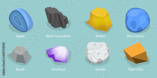 3D Isometric Flat Vector Set of Stone Minerals, Natural Gems