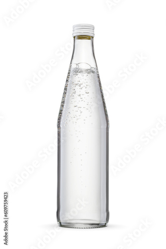 Pure water in the transparent glass bottle with aluminum screw cap isolated. Transparent PNG image.