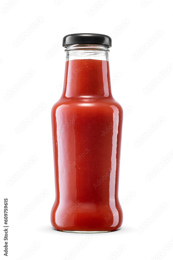 Glass bottle of red tomato ketchup with twist off screw cap isolated with clipping path. Transparent PNG image. Glass bottle of red tomato ketchup with twist off screw cap isolated with clipping path. Transparent PNG image.