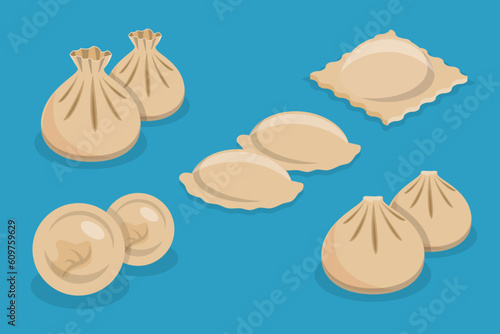 3D Isometric Flat Vector Set of Dumplings, Dim Sum, Asian Food