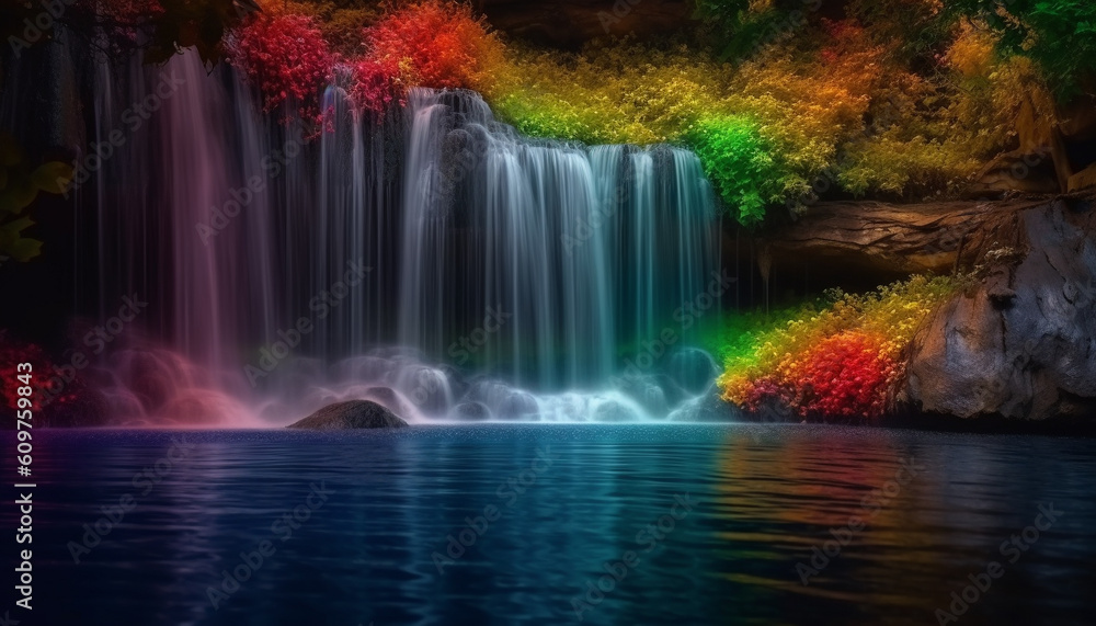 Tranquil scene of majestic mountain with flowing water and autumn colors generated by AI