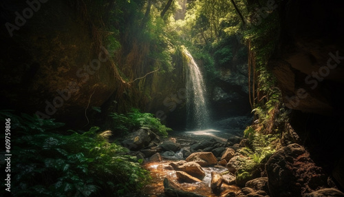 Tranquil scene of majestic tropical rainforest with flowing water motion generated by AI © djvstock