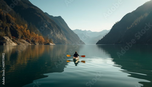 Solitude in nature kayaking, hiking, and relaxation in Alberta mountains generated by AI