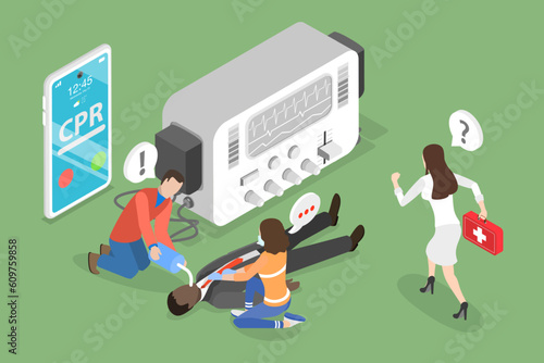 3D Isometric Flat Vector Conceptual Illustration of Defibrillator, Cardiopulmonary Resuscitation Cpr Emergency Procedure