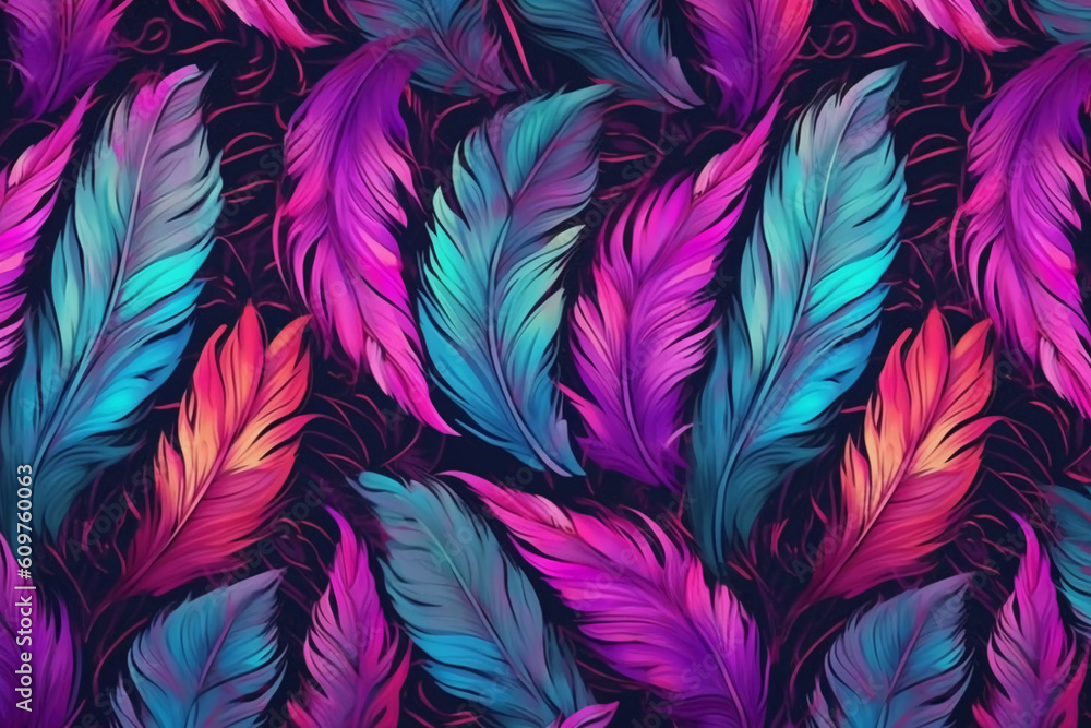 A hot pink, purple and teal repeating pattern of feathers, watercolor elements, black background. AI generative A hot pink, purple and teal repeating pattern of feathers, watercolor elements, black background. AI generative