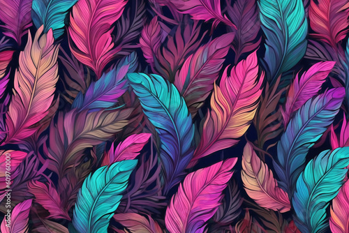 A hot pink, purple and teal repeating pattern of feathers, watercolor elements, black background. AI generative © SANGHYUN