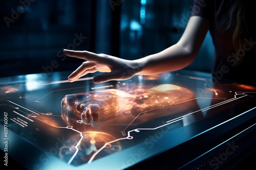 Futuristic UI Experience: Hand Touching Glass Interface. Generative AI