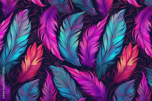 A hot pink, purple and teal repeating pattern of feathers, watercolor elements, black background. AI generative