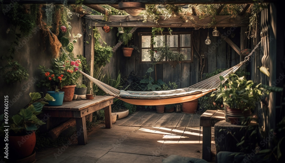 Obraz premium Rustic cottage with comfortable hammock hanging in tranquil domestic room generated by AI