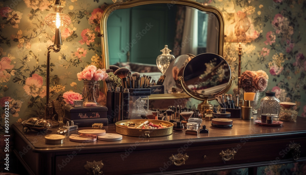 Antique elegance A still life of old fashioned beauty products on ornate dresser generated by AI