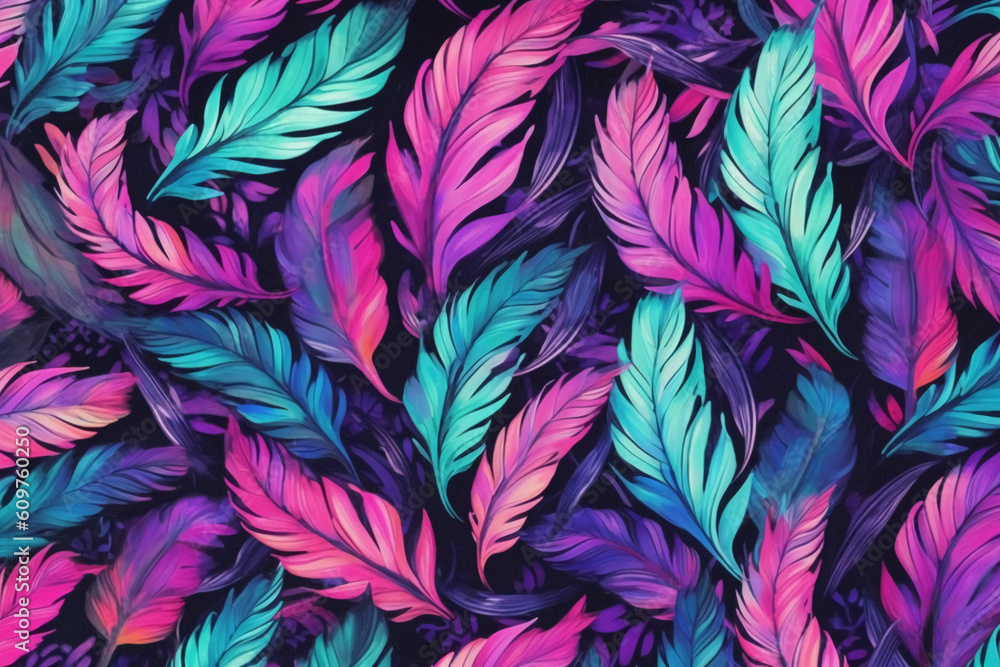 A hot pink, purple and teal repeating pattern of feathers, watercolor elements, black background. AI generative A hot pink, purple and teal repeating pattern of feathers, watercolor elements, black background. AI generative