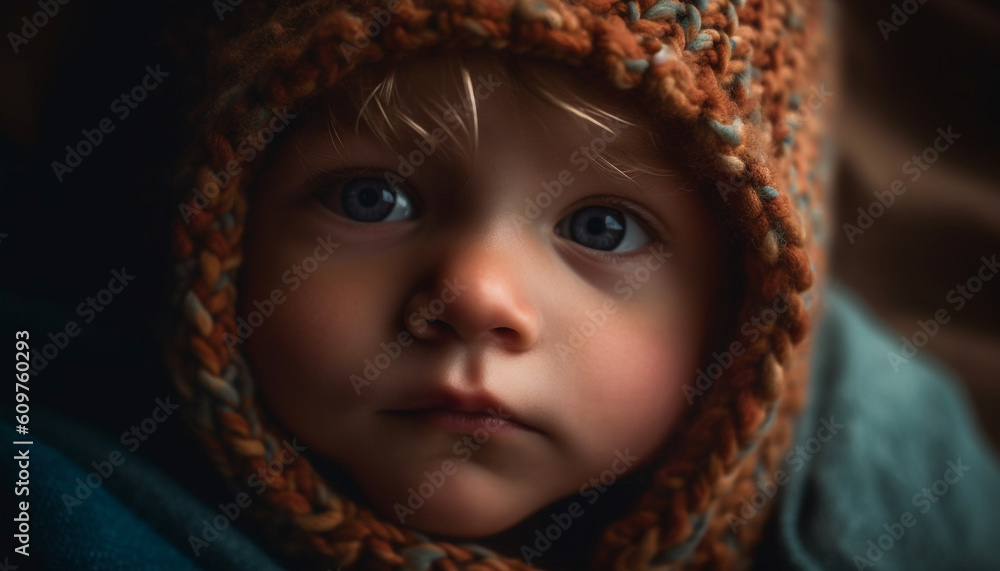 Cute Caucasian toddler boy smiling in warm knit hat outdoors generated by AI