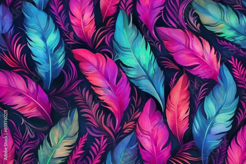 A hot pink, purple and teal repeating pattern of feathers, watercolor elements, black background. AI generative