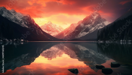 Majestic mountain range reflects tranquil sunset over serene water generated by AI