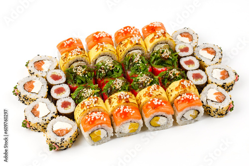 set of rolls with salmon shrimp avocado on white background for online food delivery website 8