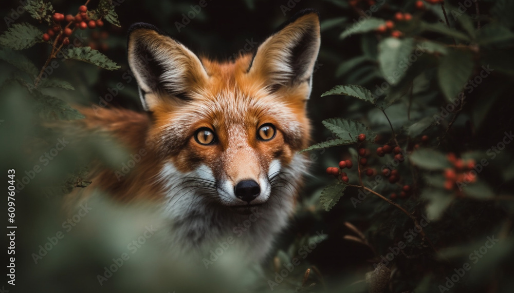 Red fox, cute canine, looking at camera in natural beauty generated by AI Red fox, cute canine, looking at camera in natural beauty generated by AI
