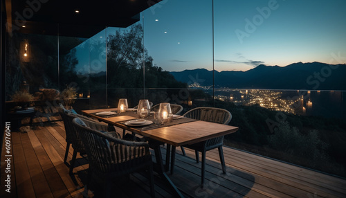 Modern luxury home interior with comfortable chair overlooking mountain landscape generated by AI