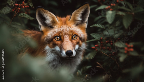 Red fox, cute canine, looking at camera in natural beauty generated by AI