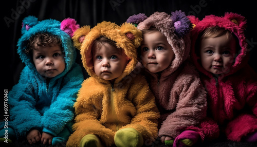 Three small children sitting in a row, smiling and playful generated by AI