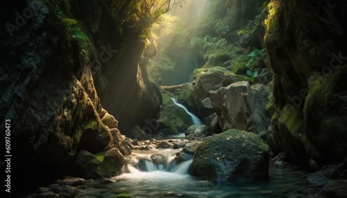 Tranquil scene of majestic mountain, flowing water, and natural beauty generated by AI