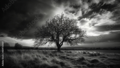 Tranquil scene of a moody sky over a rural meadow generated by AI