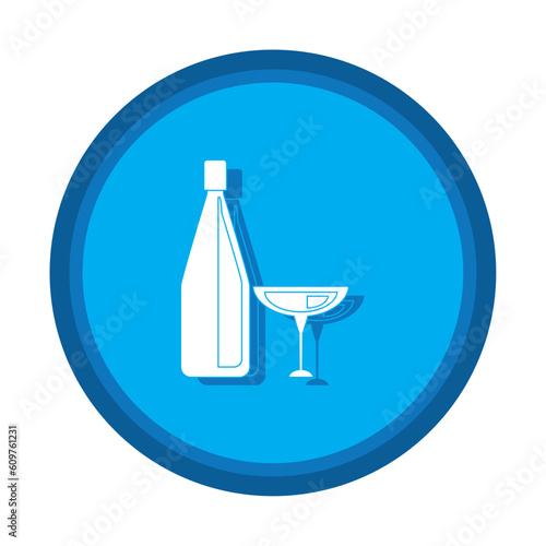 Vector image of wine bottle icon with a glass with blue background