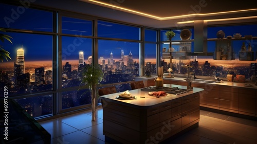 Luxury apartment kitchen with a city view. generative AI illustration.