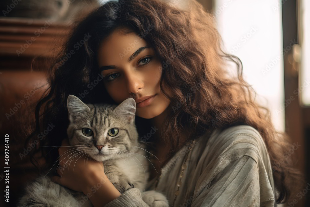 Fictional Arabic woman stroking cat