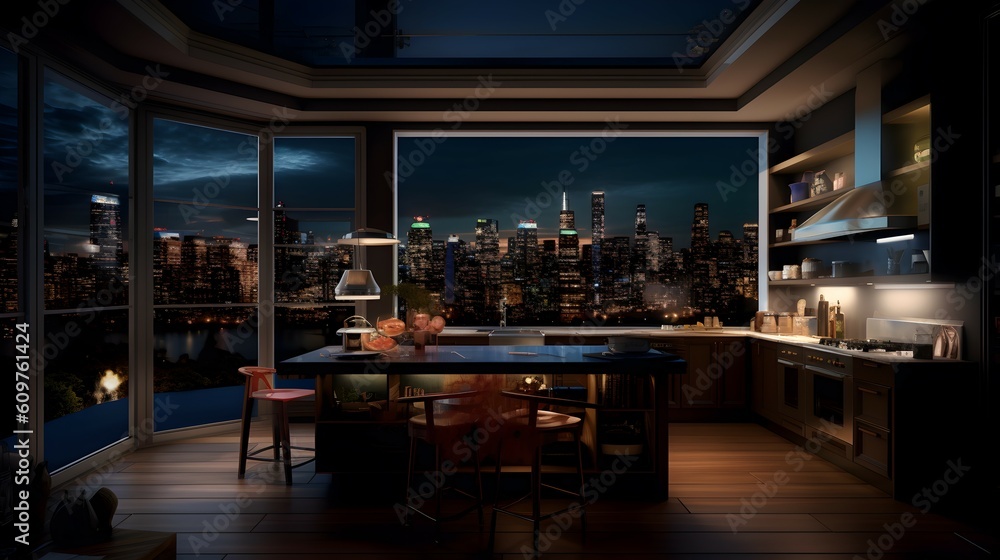 Luxury apartment kitchen with a city view. generative AI illustration.