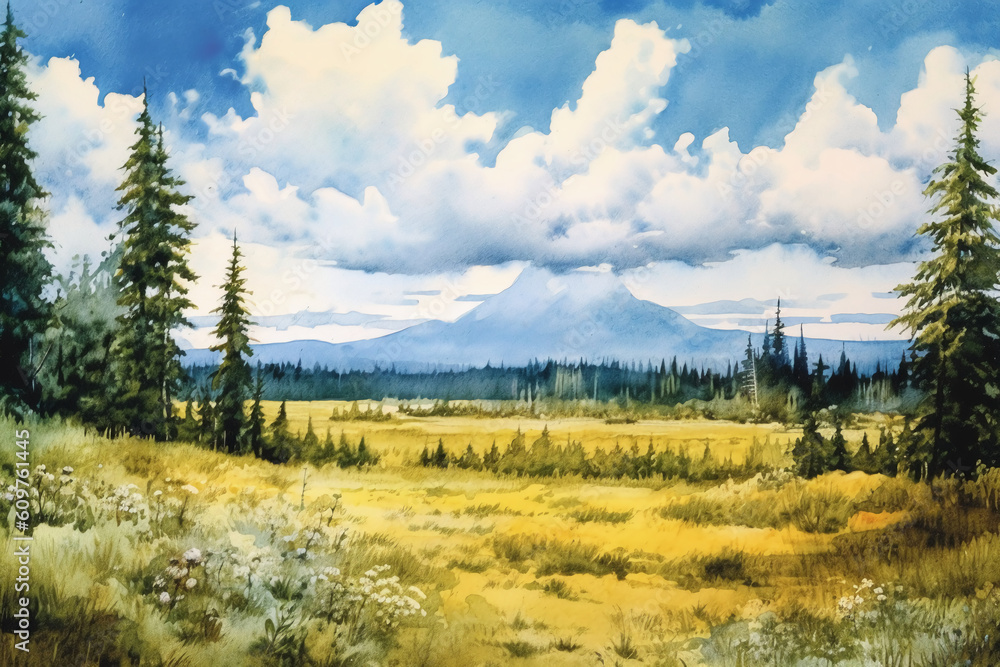 A watercolor landscape painting, blue sky, clouds, light and airy, wilderness. AI generative A watercolor landscape painting, blue sky, clouds, light and airy, wilderness. AI generative