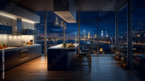 Luxury apartment kitchen with a city view. generative AI illustration.