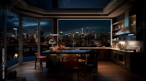 Luxury apartment kitchen with a city view. generative AI illustration. © roei
