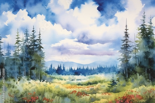 A watercolor landscape painting  blue sky  clouds  light and airy  wilderness. AI generative