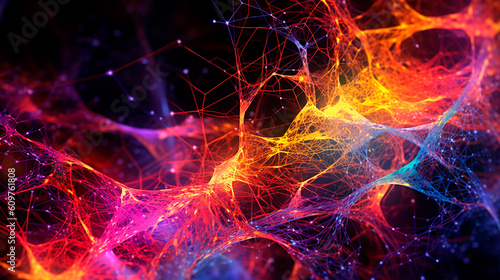 The photo showcases multicolored connections that bear resemblance to neurons. The image is a vivid representation of the intricacy and abstractness of brain function. Generative AI
